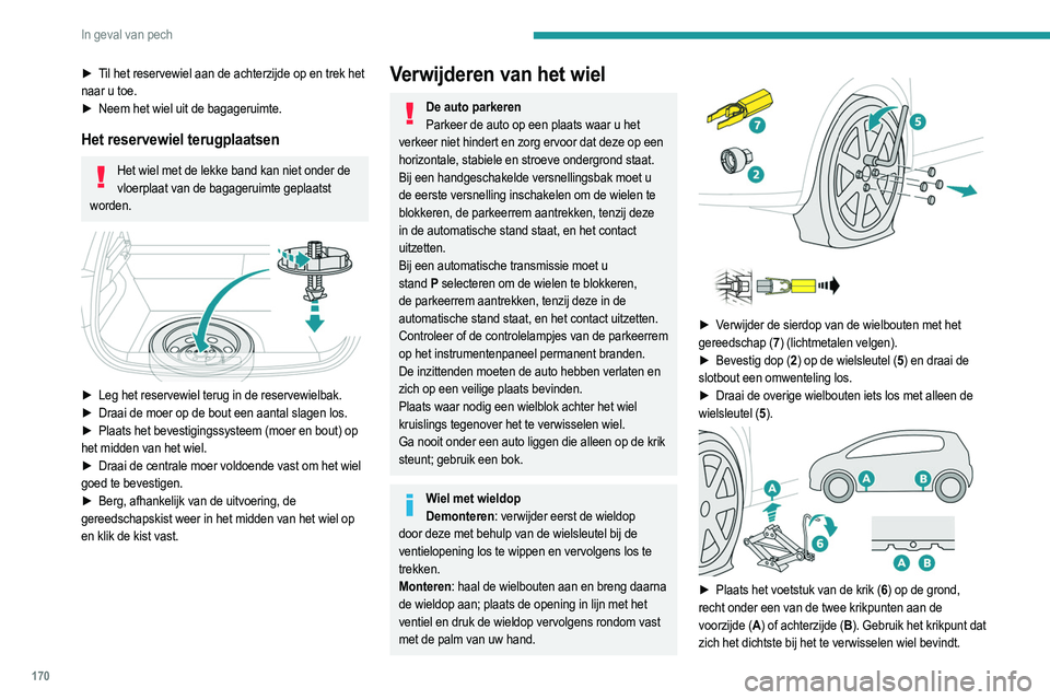 PEUGEOT 208 2021  Instructieboekje (in Dutch) 170
In geval van pech
► Til het reservewiel aan de achterzijde op en trek het 
naar u toe.
► 
Neem het wiel uit de bagageruimte.
Het reservewiel terugplaatsen
Het wiel met de lekke band kan niet o