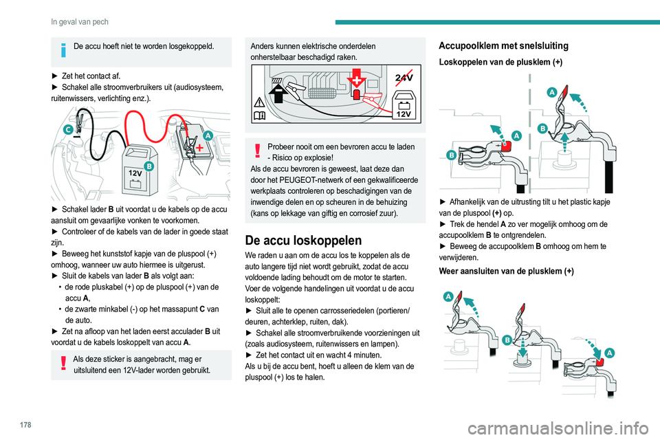 PEUGEOT 208 2021  Instructieboekje (in Dutch) 178
In geval van pech
► Trek de hendel (A ) zo ver mogelijk omhoog.
►  Plaats de geopende accupoolklem (B ) op de 
pluspool  (+).
►  Druk de accupoolklem (B ) volledig omlaag.
►  Beweeg de hen