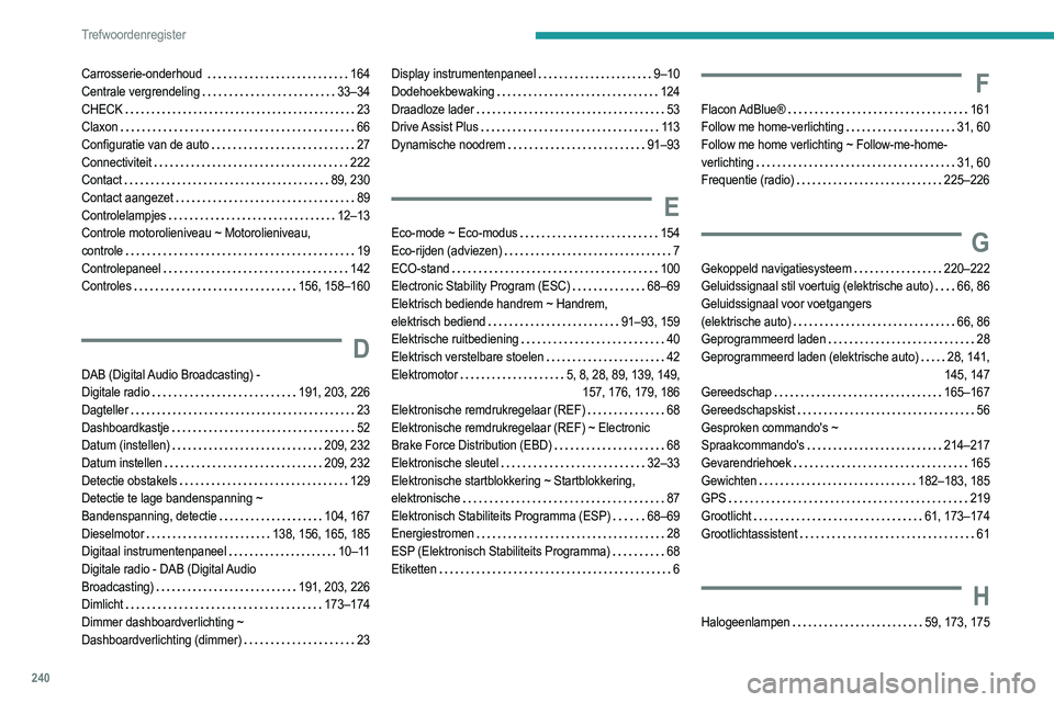 PEUGEOT 208 2021  Instructieboekje (in Dutch) 240
Trefwoordenregister
Carrosserie-onderhoud     164
Centrale vergrendeling     
33–34
CHECK
    
23
Claxon
    
66
Configuratie van de auto
    
27
Connectiviteit
    
222
Contact
    
89, 230
Con