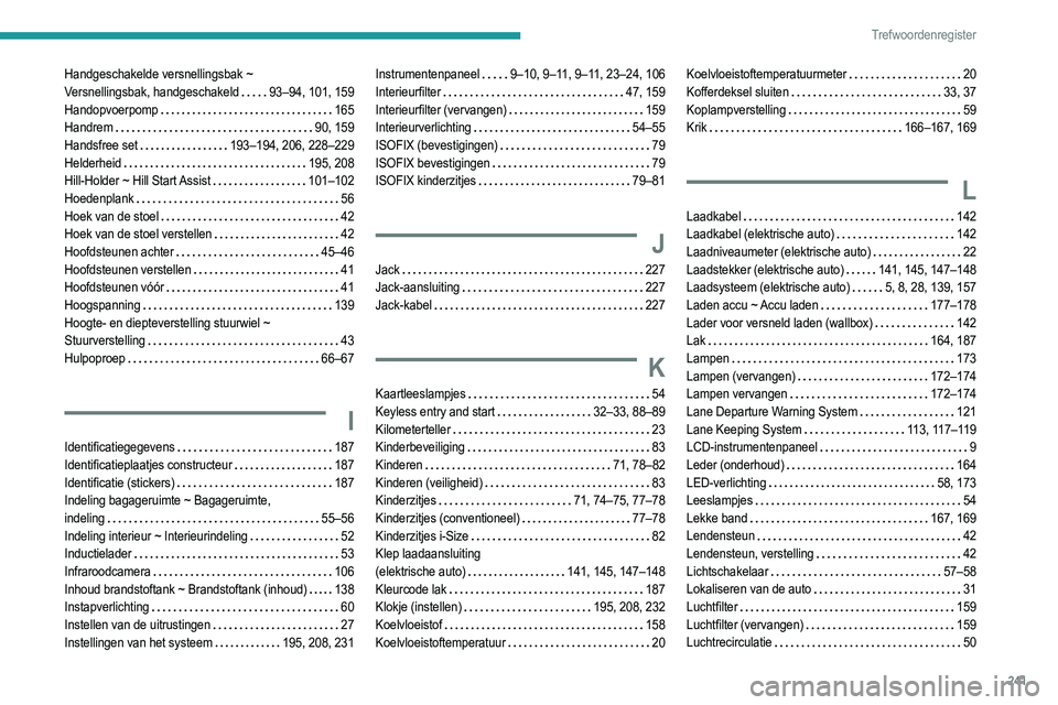 PEUGEOT 208 2021 Instructieboekje (in Dutch) 241
Trefwoordenregister
Handgeschakelde versnellingsbak ~
Versnellingsbak, handgeschakeld
93–94, 101, 159
Handopvoerpomp
165
Handrem
90, 159
Handsfree set
193–194, 206, 228– PEUGEOT 208 2021 Instructieboekje (in Dutch) 241
Trefwoordenregister
Handgeschakelde versnellingsbak ~
Versnellingsbak, handgeschakeld
93–94, 101, 159
Handopvoerpomp
165
Handrem
90, 159
Handsfree set
193–194, 206, 228–