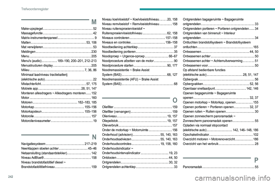PEUGEOT 208 2021  Instructieboekje (in Dutch) 242
Trefwoordenregister
M
Make-upspiegel     52
Massagefunctie     
42
Matrix-instrumentenpaneel
    
9
Matten
    
53, 106
Mat verwijderen
    
53
Meldingen
    
230
Menu
    
205
Menu's (audio)
