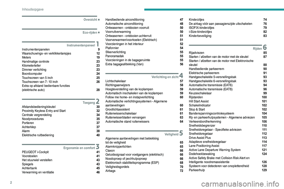 PEUGEOT 208 2021  Instructieboekje (in Dutch) 2
Inhoudsopgave
  ■
Overzicht
  ■
Eco-rijden
 1InstrumentenpaneelInstrumentenpanelen  9
Waarschuwings- en verklikkerlampjes  12
Meters  19
Handmatige controle  23
Kilometerteller  23
Dimmer ve