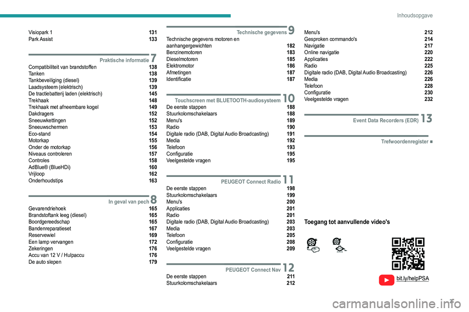 PEUGEOT 208 2021  Instructieboekje (in Dutch) 3
Inhoudsopgave
  
  
 
 
 
 
Visiopark 1  131
Park Assist  133
 7Praktische informatieCompatibiliteit van brandstoffen  138
Tanken  138
Tankbeveiliging (diesel)  139
Laadsysteem (elektrisch)  139
De 