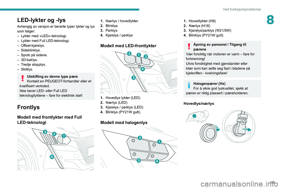 PEUGEOT 208 2021 Instruksjoner for bruk (in Norwegian) 169
Ved funksjonsproblemer
8LED-lykter og -lys
Avhengig av versjon er berørte typer lykter og lys
som følger:
–
L
ykter med «LED»-teknologi.
–
L
ykter med Full LED-teknologi.
–
Offse PEUGEOT 208 2021 Instruksjoner for bruk (in Norwegian) 169
Ved funksjonsproblemer
8LED-lykter og -lys
Avhengig av versjon er berørte typer lykter og lys
som følger:
–
L
ykter med «LED»-teknologi.
–
L
ykter med Full LED-teknologi.
–
Offse