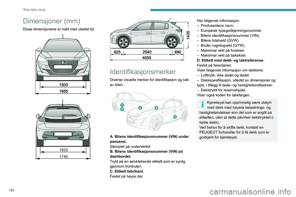 PEUGEOT 208 2021 Instruksjoner for bruk (in Norwegian) 182
Tekniske data
Dimensjoner (mm)
Disse dimensjonene er målt med ulastet bil.
Identifikasjonsmerker
Diverse visuelle merker for identifikasjon og søk
av bilen.
A. Bilens identifikas PEUGEOT 208 2021 Instruksjoner for bruk (in Norwegian) 182
Tekniske data
Dimensjoner (mm)
Disse dimensjonene er målt med ulastet bil.
Identifikasjonsmerker
Diverse visuelle merker for identifikasjon og søk
av bilen.
A. Bilens identifikas