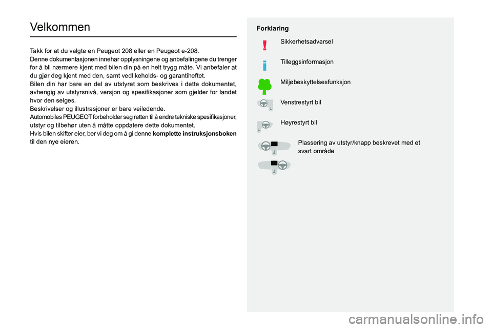 PEUGEOT 208 2021  Instruksjoner for bruk (in Norwegian)   
 
 
 
  
   
   
 
  
 
  
 
 
   
 
 
   
 
 
  
Velkommen
Takk for at du valgte en Peugeot 208 eller en Peugeot e-208.
Denne dokumentasjonen innehar opplysningene og anbefalingene du trenger 
for