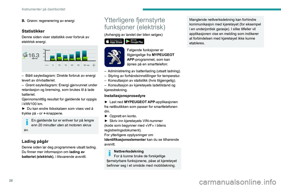 PEUGEOT 208 2021 Instruksjoner for bruk (in Norwegian) 28
Instrumenter på dashbordet
B.Grønn: regenerering av energi
Statistikker
Denne siden viser statistikk over forbruk av
elektrisk energi.
– Blått søylediagram: Direkte forbruk av energi
le PEUGEOT 208 2021 Instruksjoner for bruk (in Norwegian) 28
Instrumenter på dashbordet
B.Grønn: regenerering av energi
Statistikker
Denne siden viser statistikk over forbruk av
elektrisk energi.
– Blått søylediagram: Direkte forbruk av energi
le