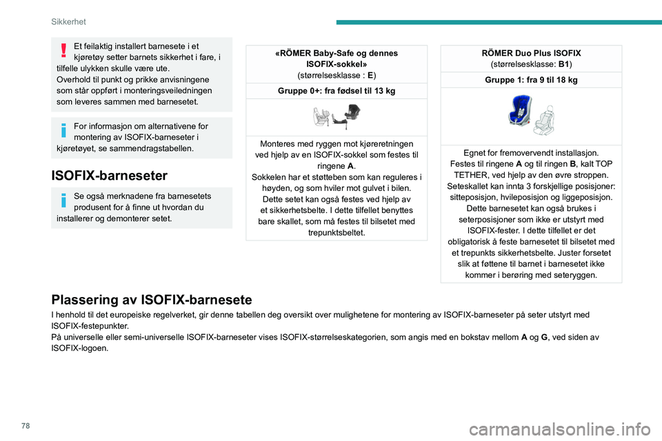 PEUGEOT 208 2021 Instruksjoner for bruk (in Norwegian) 78
Sikkerhet
Et feilaktig installert barnesete i et
kjøretøy setter barnets sikkerhet i fare, i
tilfelle ulykken skulle være ute.
Overhold til punkt og prikke anvisningene
som står oppført i m PEUGEOT 208 2021 Instruksjoner for bruk (in Norwegian) 78
Sikkerhet
Et feilaktig installert barnesete i et
kjøretøy setter barnets sikkerhet i fare, i
tilfelle ulykken skulle være ute.
Overhold til punkt og prikke anvisningene
som står oppført i m