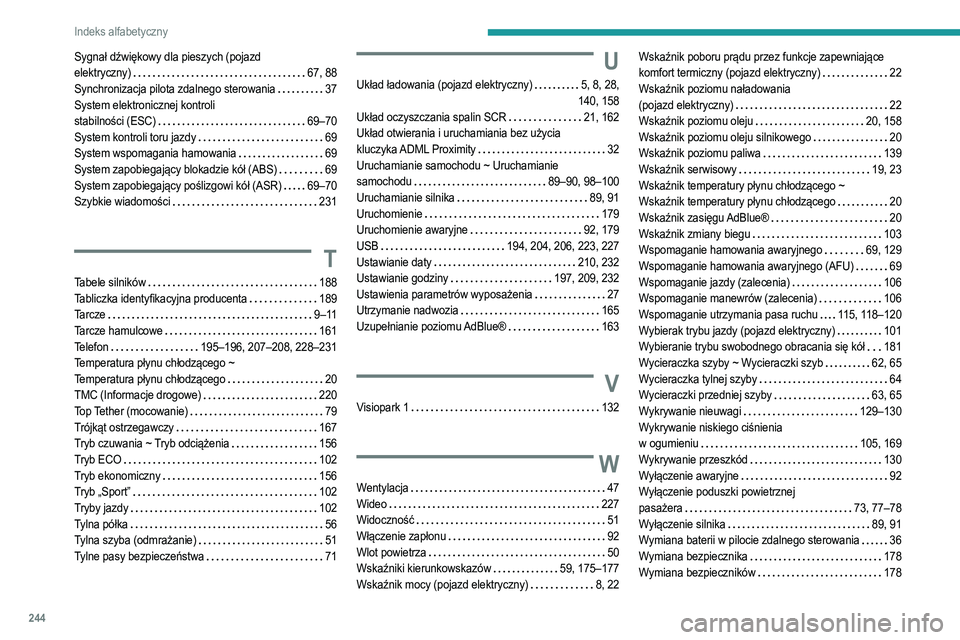 PEUGEOT 208 2021  Instrukcja obsługi (in Polish) 244
Indeks alfabetyczny
Sygnał dźwiękowy dla pieszych (pojazd  
elektryczny)     
67, 88
Synchronizacja pilota zdalnego sterowania
   
37
System elektronicznej kontroli   
stabilności (ESC)
    
6