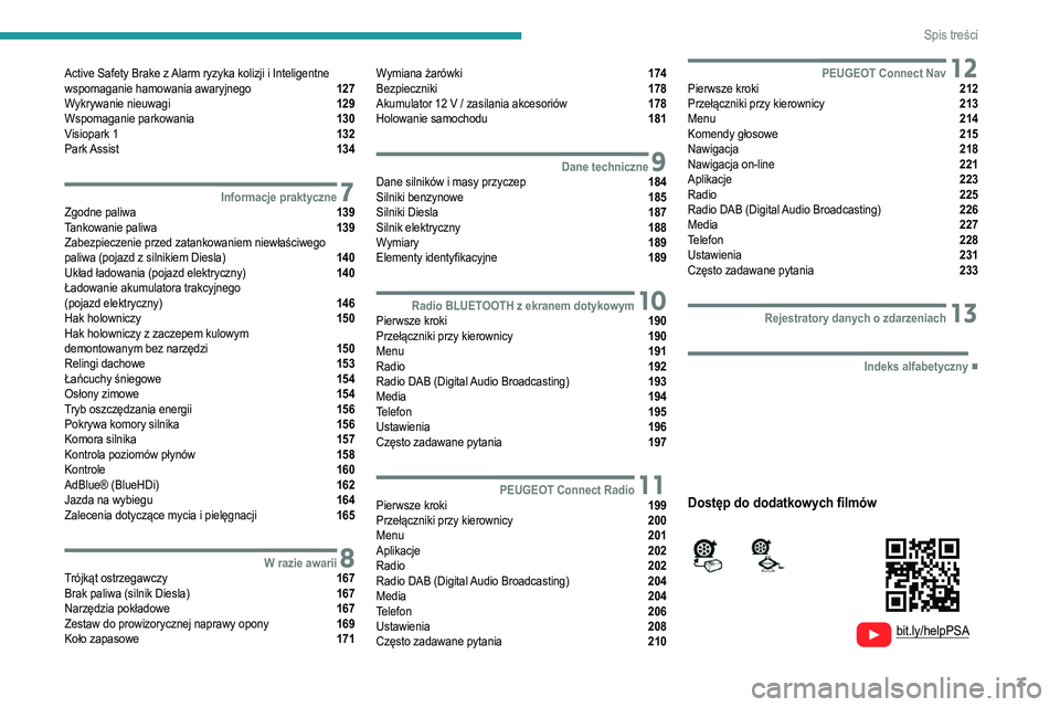 PEUGEOT 208 2021  Instrukcja obsługi (in Polish) 3
Spis treści
  
  
 
 
 
 
Active Safety Brake z Alarm ryzyka kolizji i Inteligentne 
wspomaganie hamowania awaryjnego  127
Wykrywanie nieuwagi  129
Wspomaganie parkowania  130
Visiopark 1  132
Park