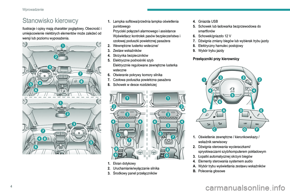 PEUGEOT 208 2021 Instrukcja obsługi (in Polish) 4
Wprowadzenie
Stanowisko kierowcy
Ilustracje i opisy mają charakter poglądowy. Obecność i
umiejscowienie niektórych elementów może zależeć od
wersji lub poziomu wyposażenia.
1.Lampka PEUGEOT 208 2021 Instrukcja obsługi (in Polish) 4
Wprowadzenie
Stanowisko kierowcy
Ilustracje i opisy mają charakter poglądowy. Obecność i
umiejscowienie niektórych elementów może zależeć od
wersji lub poziomu wyposażenia.
1.Lampka