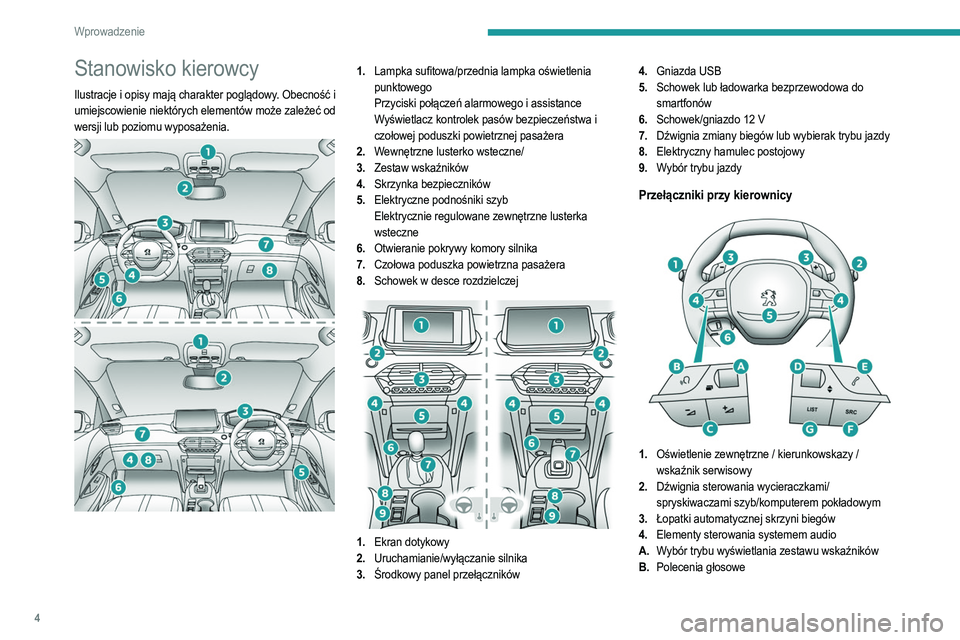 PEUGEOT 208 2021  Instrukcja obsługi (in Polish) 4
Wprowadzenie
Stanowisko kierowcy
Ilustracje i opisy mają charakter poglądowy. Obecność i 
umiejscowienie niektórych elementów może zależeć od 
wersji lub poziomu wyposażenia.
 
 
1.Lampka 