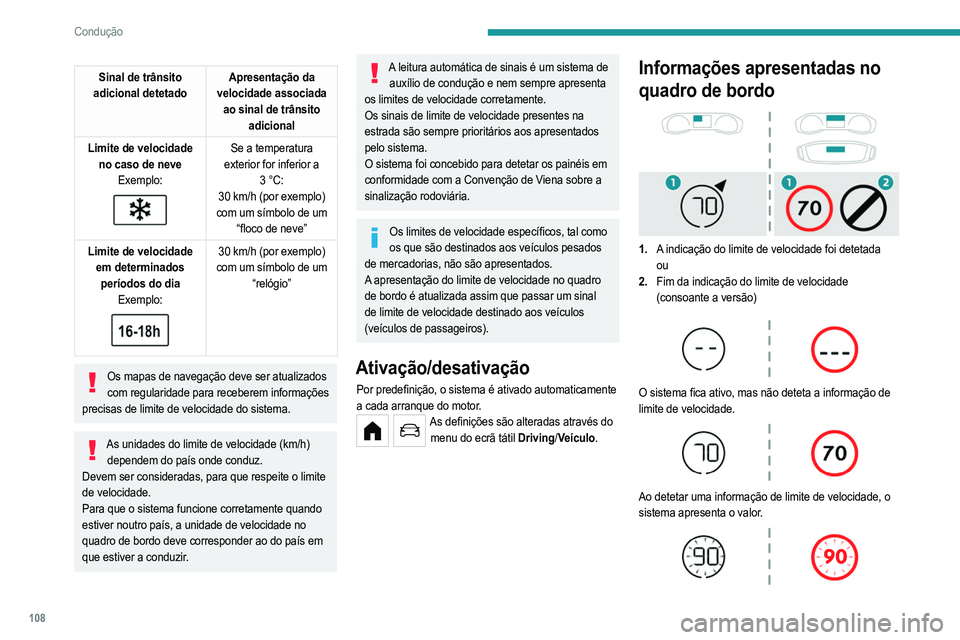 PEUGEOT 208 2021  Manual de utilização (in Portuguese) 108
Condução
No caso de uma sugestão de velocidade máxima, 
a primeira vez que o veículo excede-a  em mais 
de 5 km/h (por exemplo, 95 km/h), a velocidade é 
apresentada de maneira intermitente 