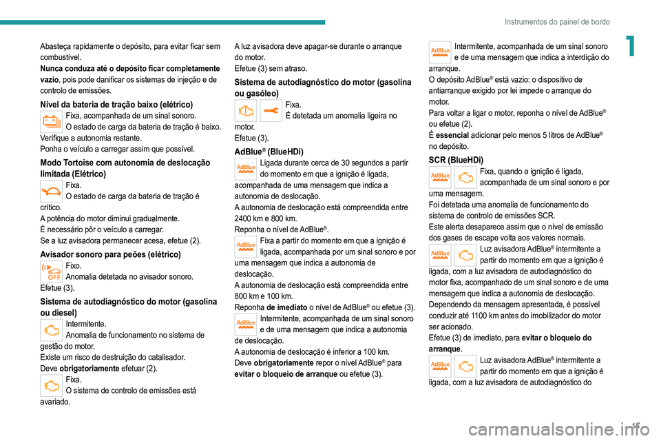 PEUGEOT 208 2021  Manual de utilização (in Portuguese) 15
Instrumentos do painel de bordo
1Abasteça rapidamente o depósito, para evitar ficar sem 
combustível.
Nunca conduza até o depósito ficar completamente 
vazio, pois pode danificar os sistemas d