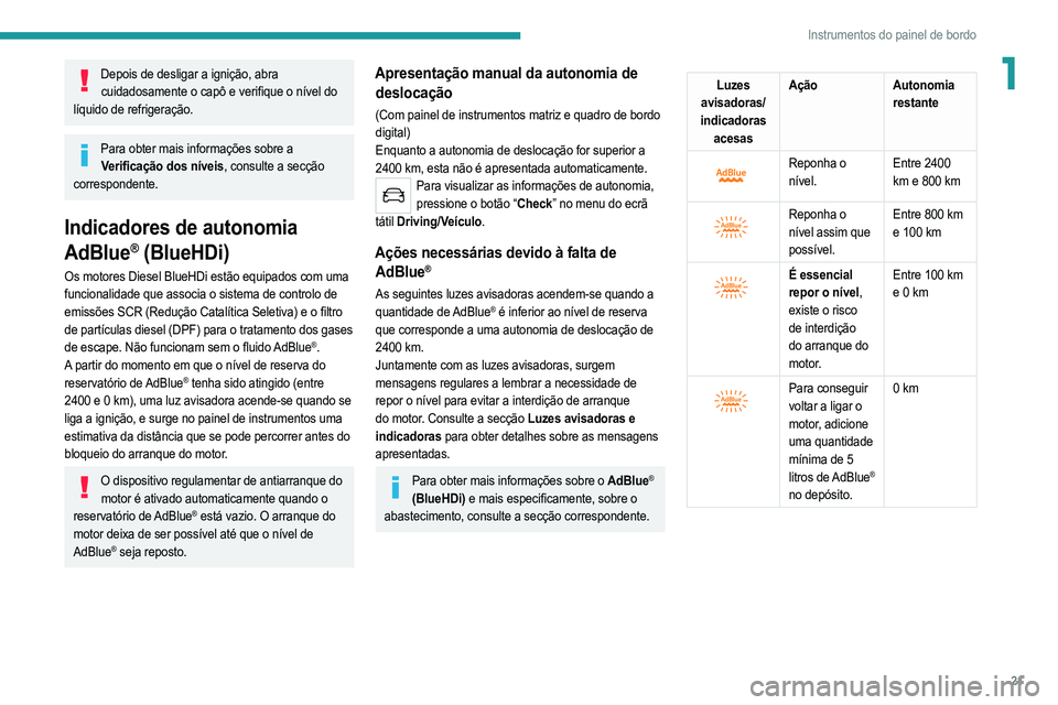 PEUGEOT 208 2021  Manual de utilização (in Portuguese) 21
Instrumentos do painel de bordo
1Depois de desligar a ignição, abra cuidadosamente o capô e verifique o nível do 
líquido de refrigeração.
Para obter mais informações sobre a  Verificaçã