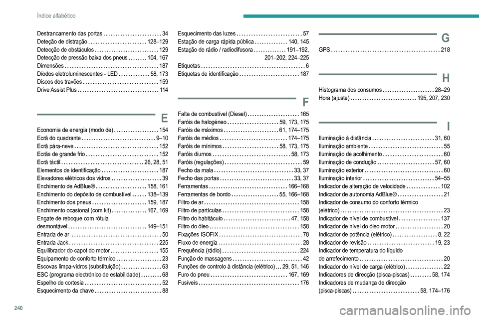 PEUGEOT 208 2021  Manual de utilização (in Portuguese) 240
Índice alfabético
Destrancamento das portas    34
Deteção de distração     
128–129
Detecção de obstáculos
    
129
Detecção de pressão baixa dos pneus
   
104, 167
Dimensões
    
1