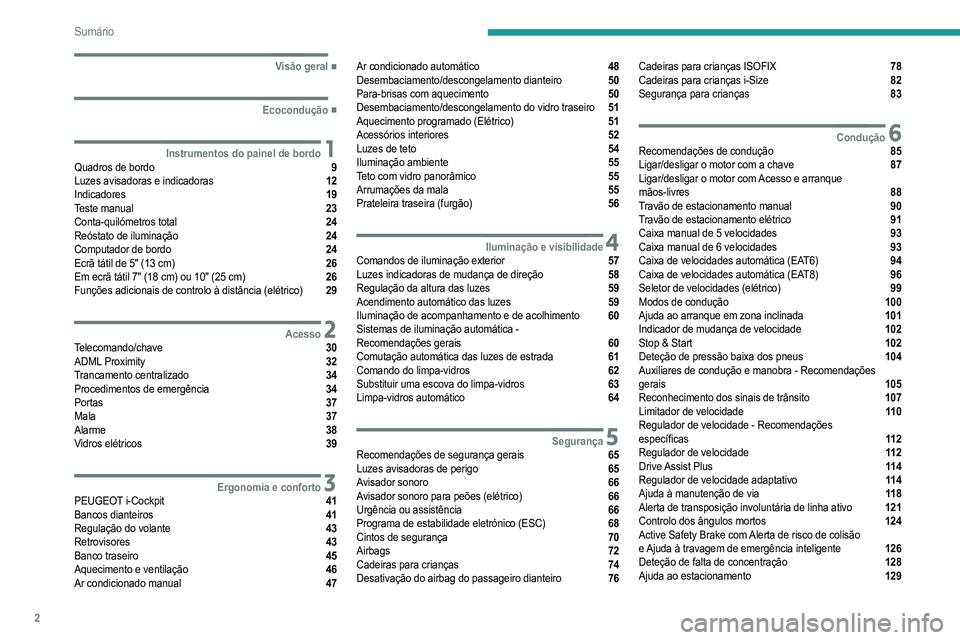 PEUGEOT 208 2021  Manual de utilização (in Portuguese) 2
Sumário
  ■
Visão geral
  ■
Ecocondução
 1Instrumentos do painel de bordoQuadros de bordo  9
Luzes avisadoras e indicadoras  12
Indicadores  19
Teste manual  23
Conta-quilómetros total 