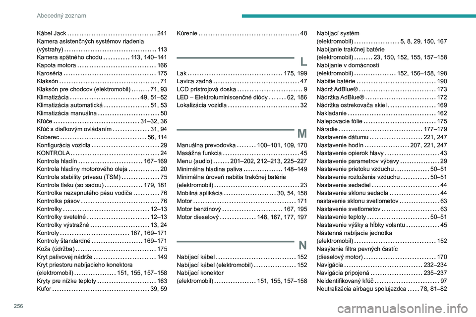 PEUGEOT 208 2021  Návod na použitie (in Slovakian) 256
Abecedný zoznam
Kábel Jack    241
Kamera asistenčných systémov riadenia 
(výstrahy)
    
113
Kamera spätného chodu
    
113, 140–141
Kapota motora
    
166
Karoséria
    
175
Klaksón
 