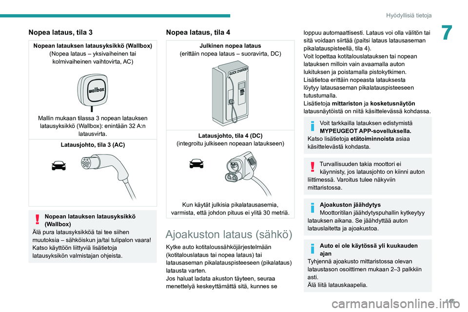 PEUGEOT 208 2021 Omistajan Käsikirja (in Finnish) 145
Hyödyllisiä tietoja
7Nopea lataus, tila 3
Nopean latauksen latausyksikkö (Wallbox)(Nopea lataus – yksivaiheinen tai kolmivaiheinen vaihtovirta, AC)
Mallin mukaan tilassa 3 nopean latauks PEUGEOT 208 2021 Omistajan Käsikirja (in Finnish) 145
Hyödyllisiä tietoja
7Nopea lataus, tila 3
Nopean latauksen latausyksikkö (Wallbox)(Nopea lataus – yksivaiheinen tai kolmivaiheinen vaihtovirta, AC)
Mallin mukaan tilassa 3 nopean latauks