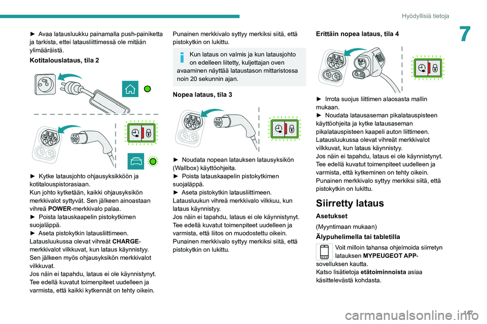 PEUGEOT 208 2021 Omistajan Käsikirja (in Finnish) 147
Hyödyllisiä tietoja
7►  Avaa latausluukku painamalla push-painiketta ja tarkista, ettei latausliittimessä ole mitään
ylimääräistä.
Kotitalouslataus, tila 2
►  Kytk PEUGEOT 208 2021 Omistajan Käsikirja (in Finnish) 147
Hyödyllisiä tietoja
7►  Avaa latausluukku painamalla push-painiketta ja tarkista, ettei latausliittimessä ole mitään
ylimääräistä.
Kotitalouslataus, tila 2
►  Kytk