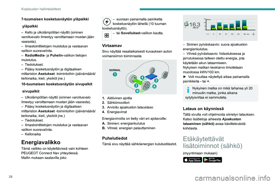 PEUGEOT 208 2021 Omistajan Käsikirja (in Finnish) 28
Kojelaudan hallintalaitteet
Seuraavat toiminnot ovat
käytettävissä MYPEUGEOT
APP -sovelluksessa, jota
voidaan käyttää älypuhelimella:
– Akun lataushallinta (siirretty lataus)
– Ohje PEUGEOT 208 2021 Omistajan Käsikirja (in Finnish) 28
Kojelaudan hallintalaitteet
Seuraavat toiminnot ovat
käytettävissä MYPEUGEOT
APP -sovelluksessa, jota
voidaan käyttää älypuhelimella:
– Akun lataushallinta (siirretty lataus)
– Ohje