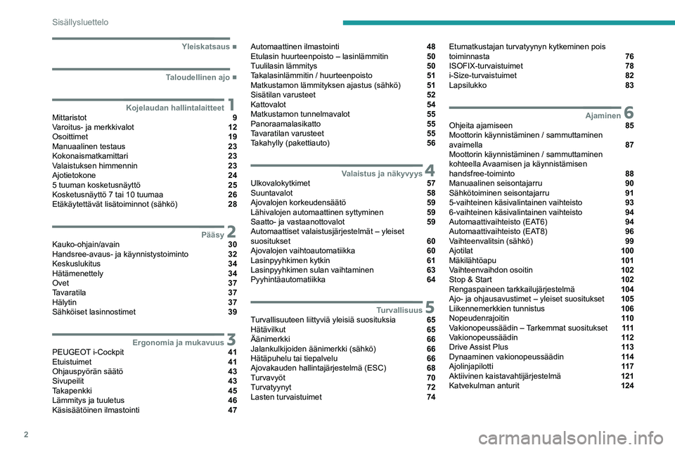 PEUGEOT 208 2021  Omistajan Käsikirja (in Finnish) 2
Sisällysluettelo
  ■
Yleiskatsaus
  ■
Taloudellinen ajo
 1Kojelaudan hallintalaitteetMittaristot  9
Varoitus- ja merkkivalot  12
Osoittimet  19
Manuaalinen testaus  23
Kokonaismatkamittari 