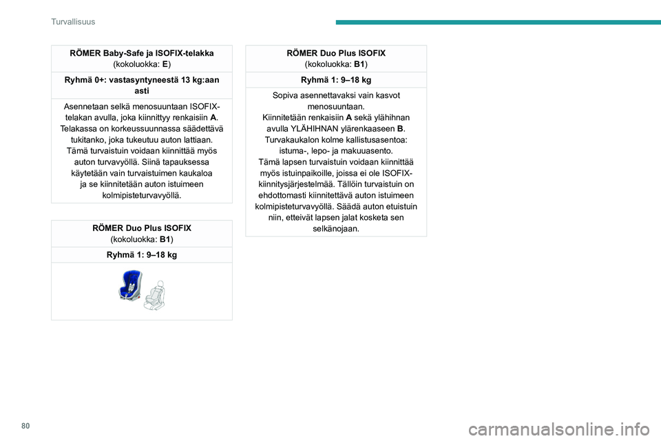 PEUGEOT 208 2021 Omistajan Käsikirja (in Finnish) 80
Turvallisuus
Lasten ISOFIX-turvaistuinten kiinnityspaikat
Tässä taulukossa ovat ISOFIX-turvaistuimien sijoituspaikat EU-lain\
säädännön mukaan. Sijoituspaikoilla on ISOFIX-kiinnitysjä\
rjest PEUGEOT 208 2021 Omistajan Käsikirja (in Finnish) 80
Turvallisuus
Lasten ISOFIX-turvaistuinten kiinnityspaikat
Tässä taulukossa ovat ISOFIX-turvaistuimien sijoituspaikat EU-lain\
säädännön mukaan. Sijoituspaikoilla on ISOFIX-kiinnitysjä\
rjest