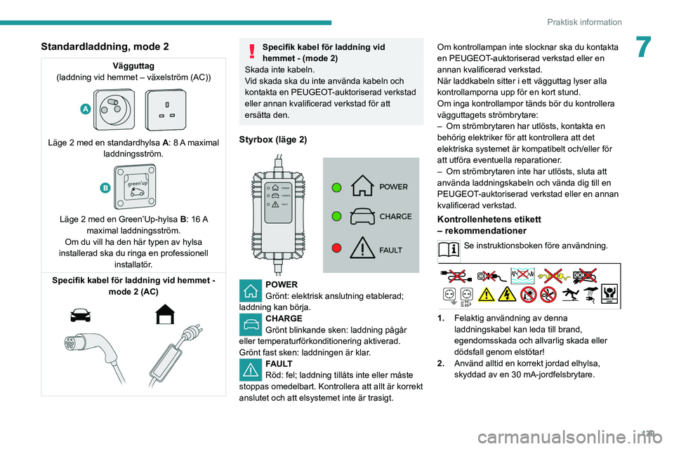 PEUGEOT 208 2021 Bruksanvisningar (in Swedish) 139
Praktisk information
7Standardladdning, mode 2
Vägguttag
(laddning vid hemmet – växelström (AC))
Läge 2 med en standardhylsa A: 8 A maximal
laddningsström.
Läge 2 med en Green’ PEUGEOT 208 2021 Bruksanvisningar (in Swedish) 139
Praktisk information
7Standardladdning, mode 2
Vägguttag
(laddning vid hemmet – växelström (AC))
Läge 2 med en standardhylsa A: 8 A maximal
laddningsström.
Läge 2 med en Green’
