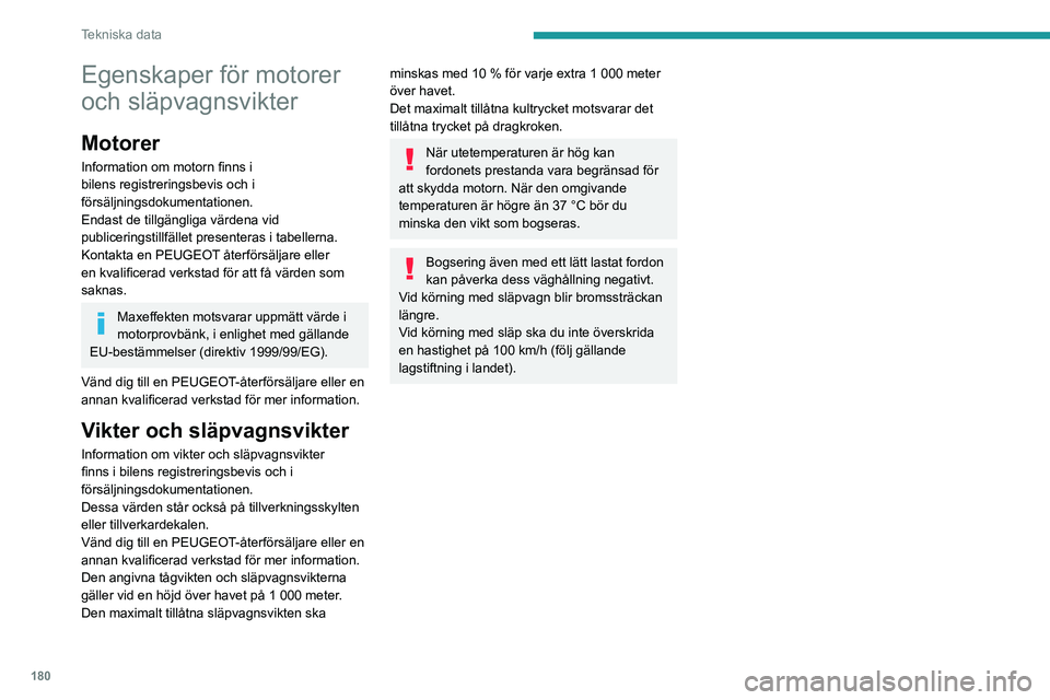 PEUGEOT 208 2021 Bruksanvisningar (in Swedish) 180
Tekniska data
Egenskaper för motorer
och släpvagnsvikter
Motorer
Information om motorn finns i
bilens registreringsbevis och i
försäljningsdokumentationen.
Endast de tillgängliga värdena PEUGEOT 208 2021 Bruksanvisningar (in Swedish) 180
Tekniska data
Egenskaper för motorer
och släpvagnsvikter
Motorer
Information om motorn finns i
bilens registreringsbevis och i
försäljningsdokumentationen.
Endast de tillgängliga värdena