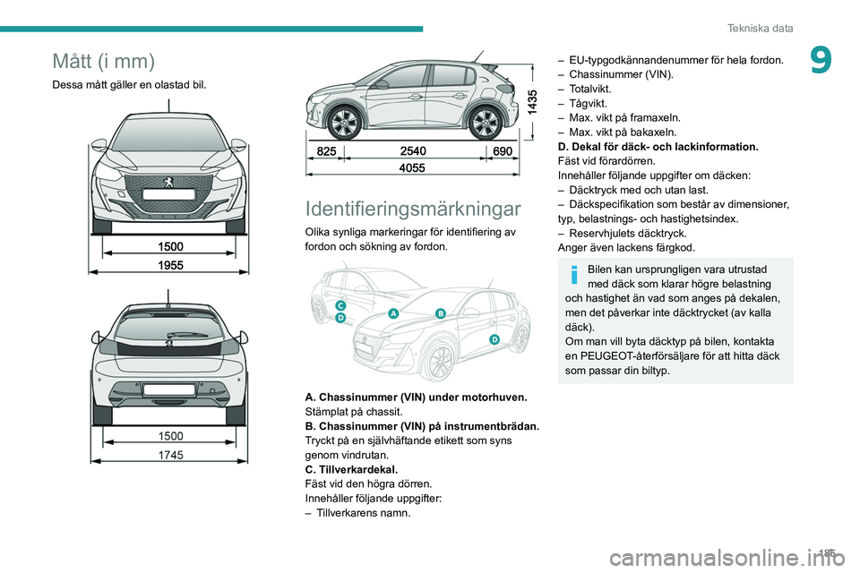 PEUGEOT 208 2021 Bruksanvisningar (in Swedish) 185
Tekniska data
9Mått (i mm)
Dessa mått gäller en olastad bil.
Identifieringsmärkningar
Olika synliga markeringar för identifiering av
fordon och sökning av fordon.
A. Chassinu PEUGEOT 208 2021 Bruksanvisningar (in Swedish) 185
Tekniska data
9Mått (i mm)
Dessa mått gäller en olastad bil.
Identifieringsmärkningar
Olika synliga markeringar för identifiering av
fordon och sökning av fordon.
A. Chassinu