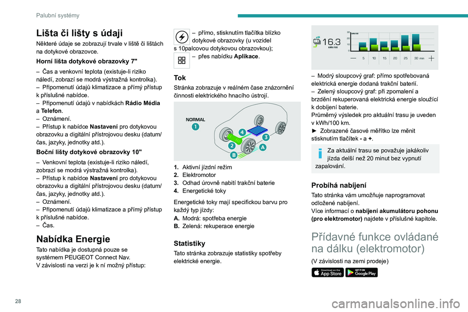 PEUGEOT 208 2021 Návod na použití (in Czech) 28
Palubní systémy
Následující funkce jsou dostupné
z aplikace MYPEUGEOT
APP, která je přístupná ze
smartphonu:
– Řízení nabíjení baterie (odložené nabíjení).
– Správa př PEUGEOT 208 2021 Návod na použití (in Czech) 28
Palubní systémy
Následující funkce jsou dostupné
z aplikace MYPEUGEOT
APP, která je přístupná ze
smartphonu:
– Řízení nabíjení baterie (odložené nabíjení).
– Správa př
