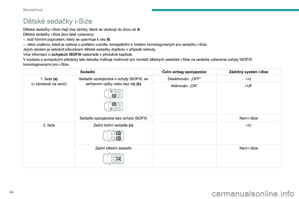 PEUGEOT 208 2021  Návod na použití (in Czech) 84
Bezpečnost
Dětské sedačky i-Size
Dětské sedačky i-Size mají dva zámky, které se ukotvují do dvou ok A.
Dětské sedačky i-Size jsou také vybaveny:
– 
buď horním popruhem, který se
