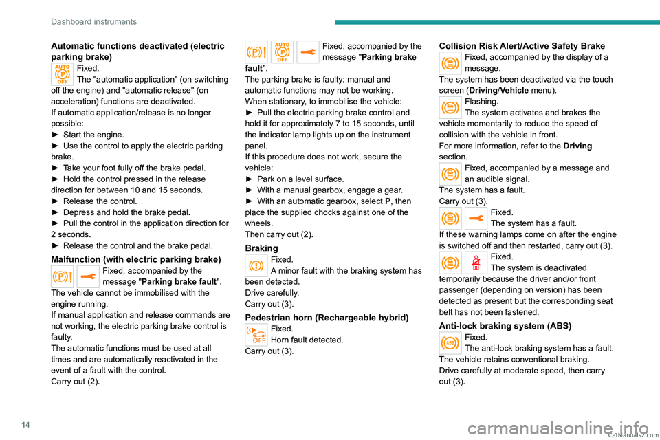PEUGEOT 3008 2023  Owners Manual 14
Dashboard instruments
Automatic functions deactivated (electric 
parking brake)
Fixed.
The "automatic application" (on switching 
off the engine) and "automatic release" (on 
accele