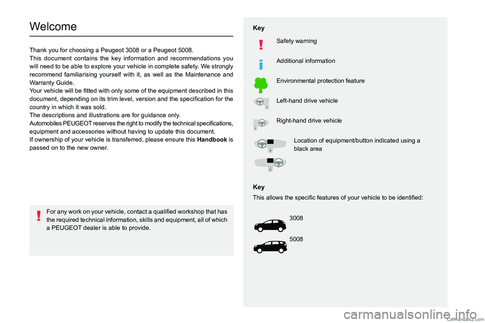 PEUGEOT 3008 2023 Owners Manual
Welcome
Thank you for choosing a Peugeot 3008 or a Peugeot 5008.
This document contains the key information and recommendations you
will need to PEUGEOT 3008 2023 Owners Manual
Welcome
Thank you for choosing a Peugeot 3008 or a Peugeot 5008.
This document contains the key information and recommendations you
will need to