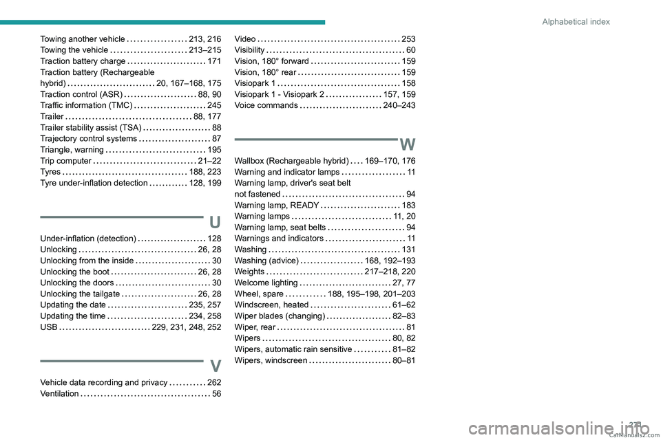 PEUGEOT 3008 2023  Owners Manual 271
Alphabetical index
Towing another vehicle     213, 216
Towing the vehicle     
213–215
Traction battery charge
   
171
Traction battery (Rechargeable  
hybrid)
    
20, 167–168, 175
Traction c