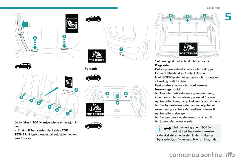 PEUGEOT 3008 2023 Brugsanvisning (in Danish) 101
Sikkerhed
5
De to faller i ISOFIX-autostolene er fastgjort til
dem.
–
En ring
B bag sædet, der kaldes TOP
TETHER, til fastspænding af autostole med en
sele foroven.
PEUGEOT 3008 2023 Brugsanvisning (in Danish) 101
Sikkerhed
5
De to faller i ISOFIX-autostolene er fastgjort til
dem.
–
En ring
B bag sædet, der kaldes TOP
TETHER, til fastspænding af autostole med en
sele foroven.
