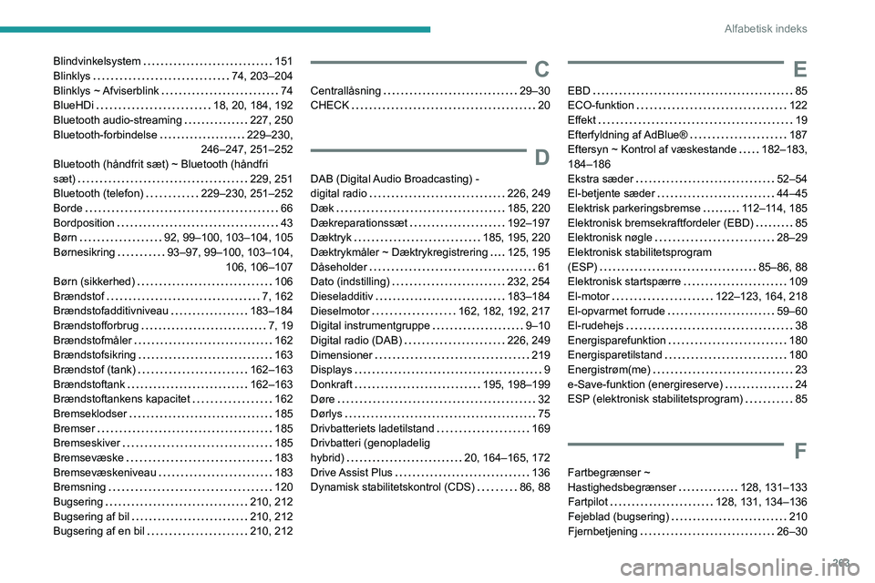PEUGEOT 3008 2023 Brugsanvisning (in Danish) 263
Alfabetisk indeks
Blindvinkelsystem 151
Blinklys
74, 203–204
Blinklys ~ Afviserblink
74
BlueHDi
18, 20, 184, 192
Bluetooth audio-streaming
227, 250
Bluetooth-forbindelse PEUGEOT 3008 2023 Brugsanvisning (in Danish) 263
Alfabetisk indeks
Blindvinkelsystem 151
Blinklys
74, 203–204
Blinklys ~ Afviserblink
74
BlueHDi
18, 20, 184, 192
Bluetooth audio-streaming
227, 250
Bluetooth-forbindelse