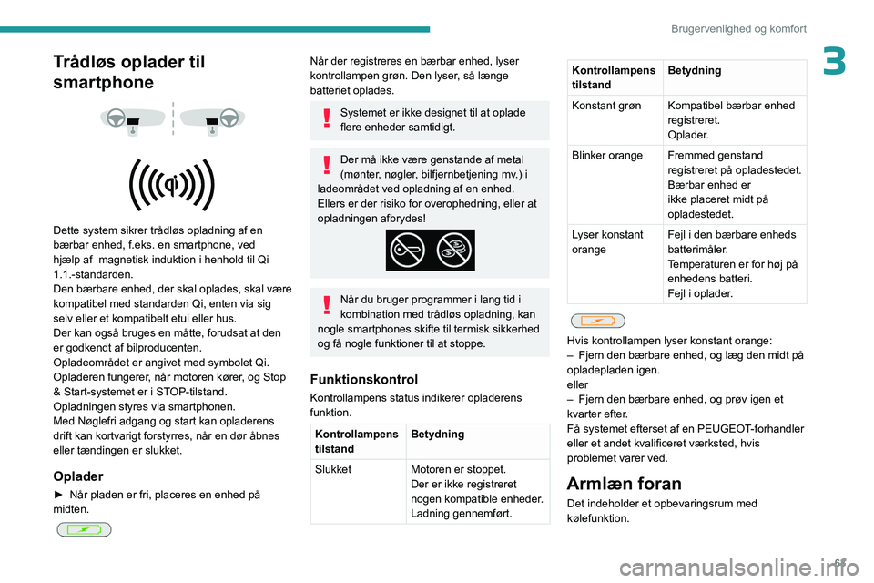PEUGEOT 3008 2023 Brugsanvisning (in Danish) 63
Brugervenlighed og komfort
3Trådløs oplader til
smartphone
Dette system sikrer trådløs opladning af en
bærbar enhed, f.eks. en smartphone, ved
hjælp af magnetisk induktion i hen PEUGEOT 3008 2023 Brugsanvisning (in Danish) 63
Brugervenlighed og komfort
3Trådløs oplader til
smartphone
Dette system sikrer trådløs opladning af en
bærbar enhed, f.eks. en smartphone, ved
hjælp af magnetisk induktion i hen