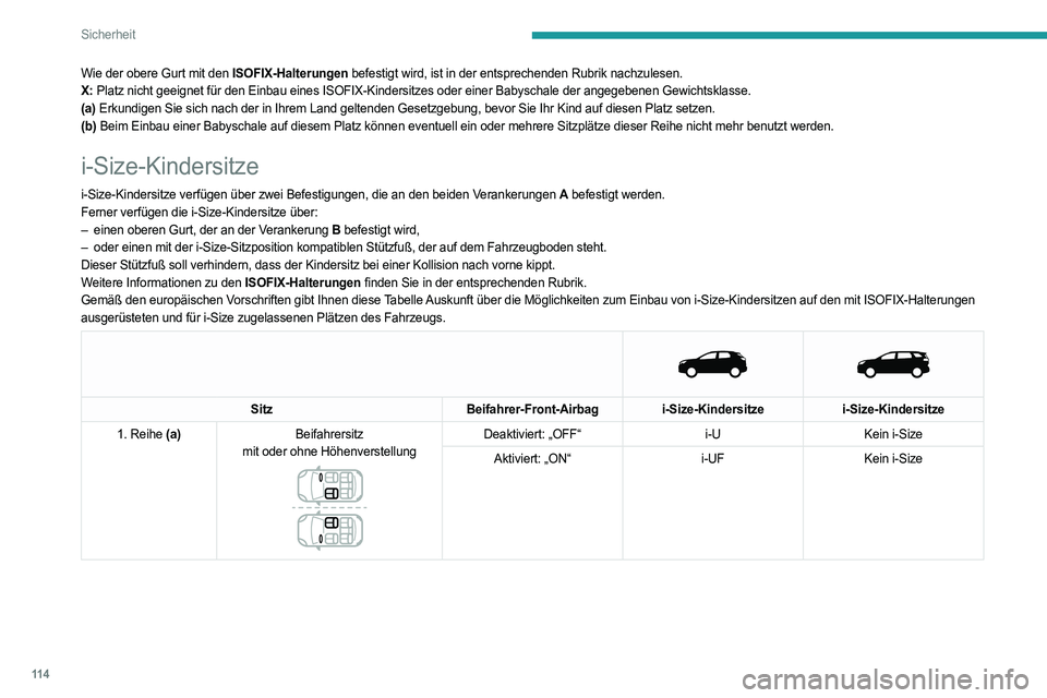 PEUGEOT 3008 2023 Betriebsanleitungen (in German) 11 4
Sicherheit
Wie der obere Gurt mit den ISOFIX-Halterungen befestigt wird, ist in der entsprechenden Rubrik nachzulesen.
X: Platz nicht geeignet für den Einbau eines ISOFIX-Kindersitzes oder einer PEUGEOT 3008 2023 Betriebsanleitungen (in German) 11 4
Sicherheit
Wie der obere Gurt mit den ISOFIX-Halterungen befestigt wird, ist in der entsprechenden Rubrik nachzulesen.
X: Platz nicht geeignet für den Einbau eines ISOFIX-Kindersitzes oder einer