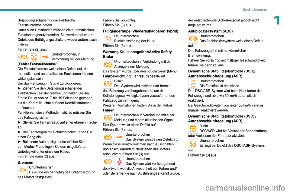 PEUGEOT 3008 2023 Betriebsanleitungen (in German) 15
Bordinstrumente
1Betätigungsschalter für die elektrische
Feststellbremse defekt.
Unter allen Umständen müssen die automatischen
Funktionen genutzt werden. Sie werden bei einem
Defekt des Bet PEUGEOT 3008 2023 Betriebsanleitungen (in German) 15
Bordinstrumente
1Betätigungsschalter für die elektrische
Feststellbremse defekt.
Unter allen Umständen müssen die automatischen
Funktionen genutzt werden. Sie werden bei einem
Defekt des Bet