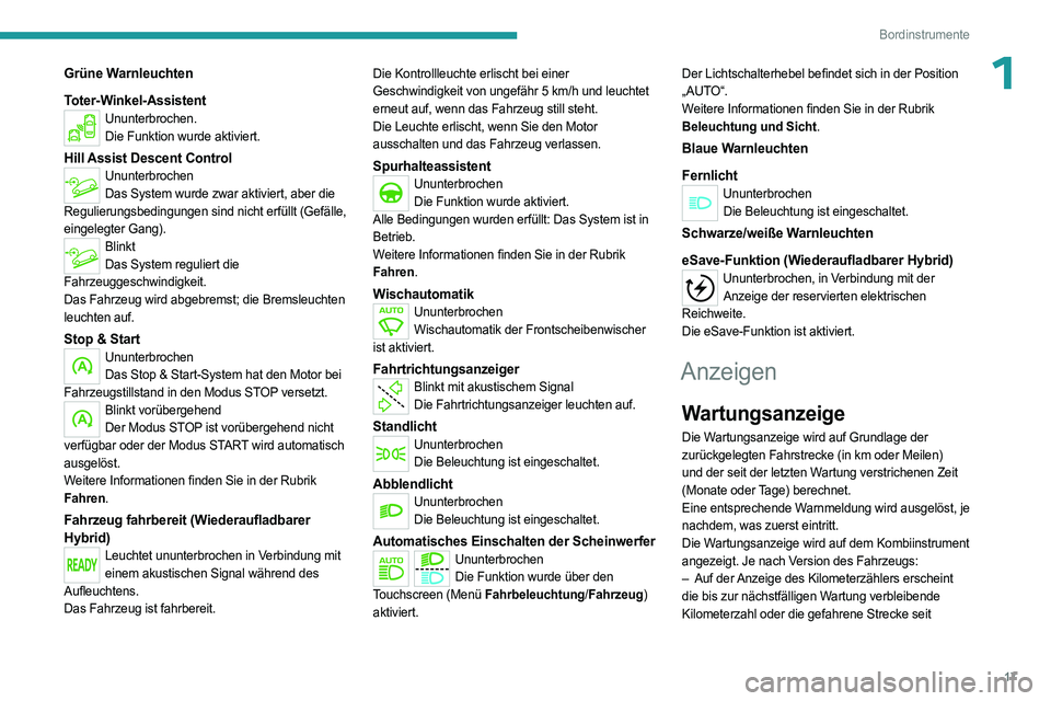 PEUGEOT 3008 2023 Betriebsanleitungen (in German) 17
Bordinstrumente
1Grüne Warnleuchten
Toter-Winkel-Assistent
Ununterbrochen.Die Funktion wurde aktiviert.
Hill Assist Descent ControlUnunterbrochenDas System wurde zwar aktiviert, aber die
Regulier PEUGEOT 3008 2023 Betriebsanleitungen (in German) 17
Bordinstrumente
1Grüne Warnleuchten
Toter-Winkel-Assistent
Ununterbrochen.Die Funktion wurde aktiviert.
Hill Assist Descent ControlUnunterbrochenDas System wurde zwar aktiviert, aber die
Regulier