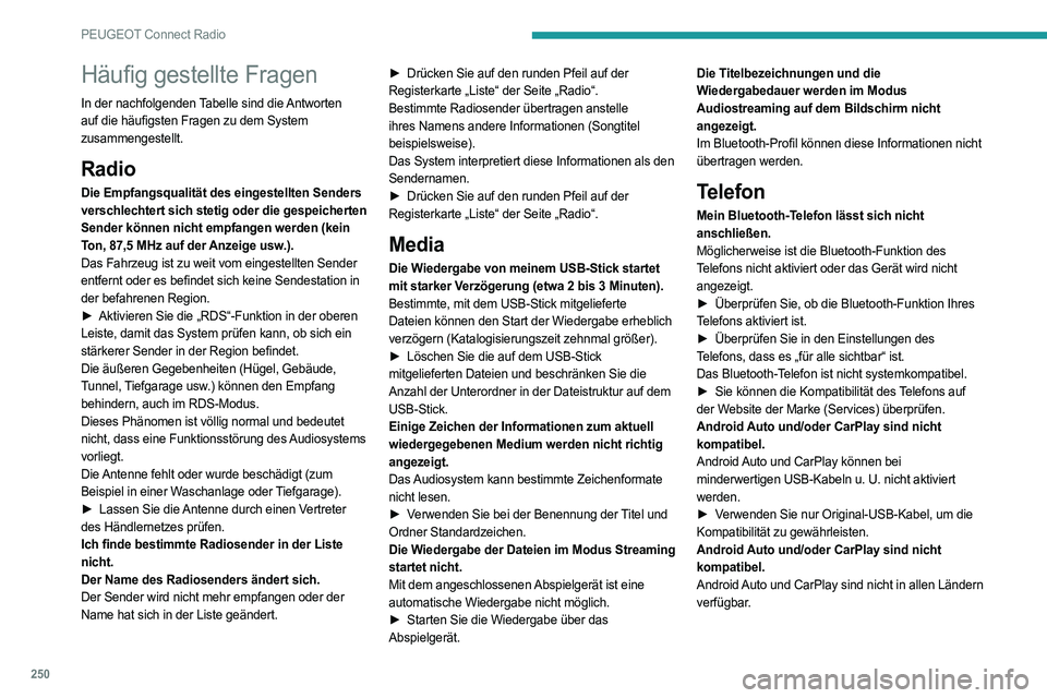 PEUGEOT 3008 2023  Betriebsanleitungen (in German) 250
PEUGEOT Connect Radio
Häufig gestellte Fragen
In der nachfolgenden Tabelle sind die Antworten 
auf die häufigsten Fragen zu dem System 
zusammengestellt.
Radio
Die Empfangsqualität des eingeste