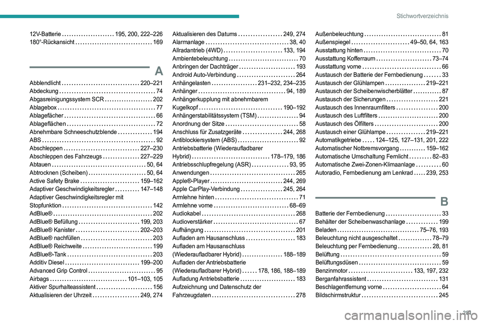 PEUGEOT 3008 2023 Betriebsanleitungen (in German) 281
Stichwortverzeichnis
12V-Batterie 195, 200, 222–226
180°-Rückansicht
169
A
Abblendlicht 220–221
Abdeckung
74
Abgasreinigungssystem SCR
202
Ablagebox
77
Ablagefäche PEUGEOT 3008 2023 Betriebsanleitungen (in German) 281
Stichwortverzeichnis
12V-Batterie 195, 200, 222–226
180°-Rückansicht
169
A
Abblendlicht 220–221
Abdeckung
74
Abgasreinigungssystem SCR
202
Ablagebox
77
Ablagefäche