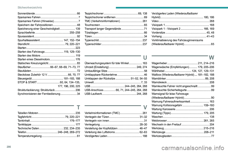 PEUGEOT 3008 2023 Betriebsanleitungen (in German) 286
Stichwortverzeichnis
Sonnenblende 66
Sparsames Fahren
7
Sparsames Fahren (Hinweise)
7
Speichern der Fahrpositionen
48
Speicherung einer Geschwindigkeit
139
Sprachbefehle
PEUGEOT 3008 2023 Betriebsanleitungen (in German) 286
Stichwortverzeichnis
Sonnenblende 66
Sparsames Fahren
7
Sparsames Fahren (Hinweise)
7
Speichern der Fahrpositionen
48
Speicherung einer Geschwindigkeit
139
Sprachbefehle