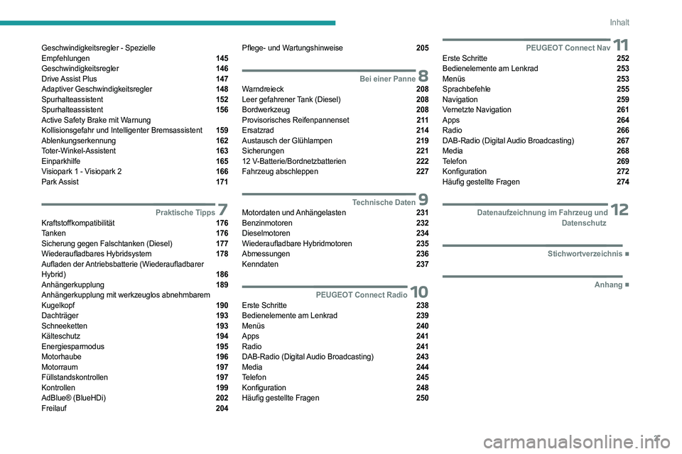 PEUGEOT 3008 2023  Betriebsanleitungen (in German) 3
Inhalt
Geschwindigkeitsregler - Spezielle  
Empfehlungen  145
Geschwindigkeitsregler  146
Drive Assist  Plus  147
Adaptiver Geschwindigkeitsregler  148
Spurhalteassistent  152
Spurhalteassistent  15