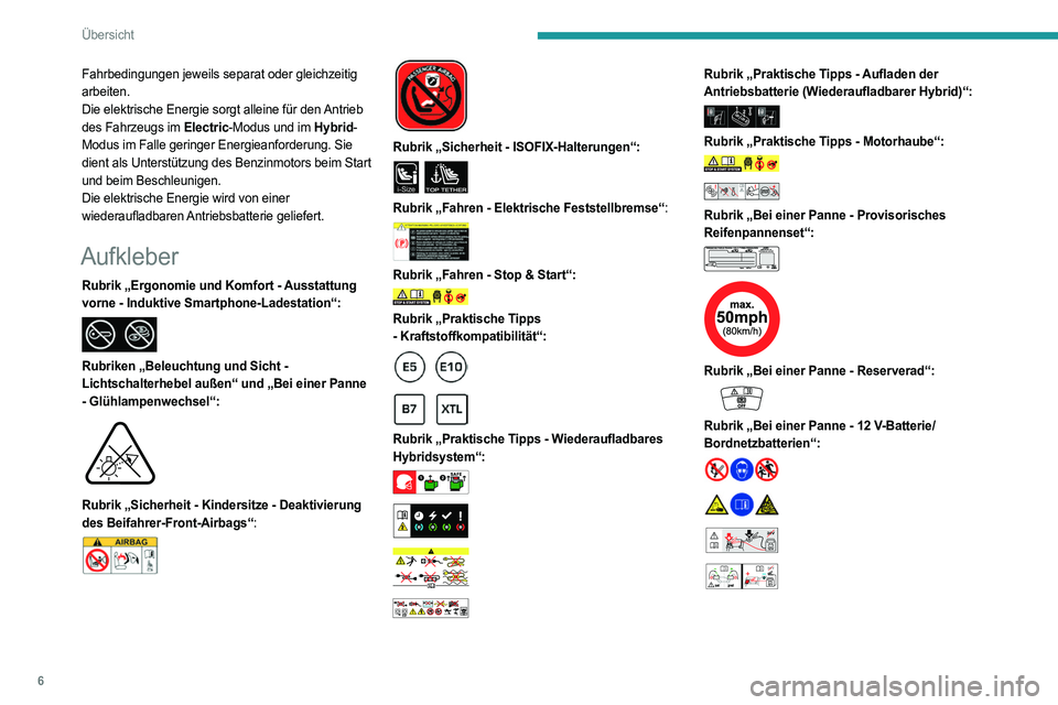 PEUGEOT 3008 2023  Betriebsanleitungen (in German) 6
Übersicht
Fahrbedingungen jeweils separat oder gleichzeitig 
arbeiten.
Die elektrische Energie sorgt alleine für den Antrieb 
des Fahrzeugs im Electric-Modus und im Hybrid-
Modus im Falle geringer