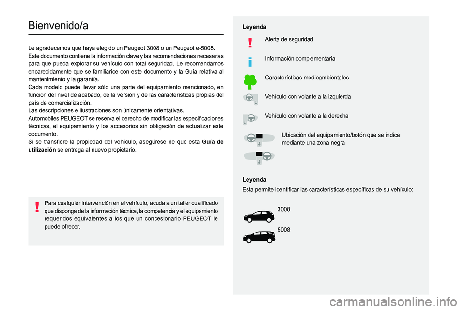 PEUGEOT 3008 2023 Manual del propietario (in Spanish)
Bienvenido/a
Le agradecemos que haya elegido un Peugeot 3008 o un Peugeot e-5008.
Este documento contiene la información clave y las recomendacio PEUGEOT 3008 2023 Manual del propietario (in Spanish)
Bienvenido/a
Le agradecemos que haya elegido un Peugeot 3008 o un Peugeot e-5008.
Este documento contiene la información clave y las recomendacio