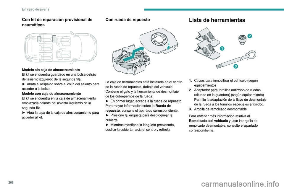 PEUGEOT 3008 2023  Manual del propietario (in Spanish) 208
En caso de avería
Con kit de reparación provisional de 
neumáticos
 
 
Modelo sin caja de almacenamiento
El kit se encuentra guardado en una bolsa detrás 
del asiento izquierdo de la segunda f