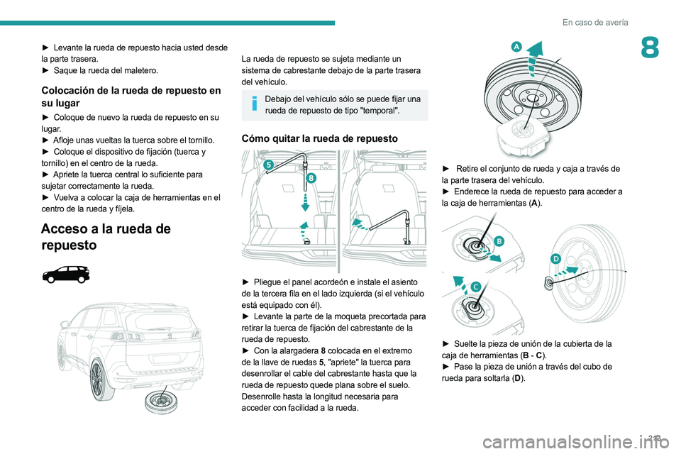 PEUGEOT 3008 2023  Manual del propietario (in Spanish) 213
En caso de avería
8► Levante la rueda de repuesto hacia usted desde 
la parte trasera.
►
 
Saque la rueda del maletero.
Colocación de la rueda de repuesto en 
su lugar
► Coloque de nuevo l