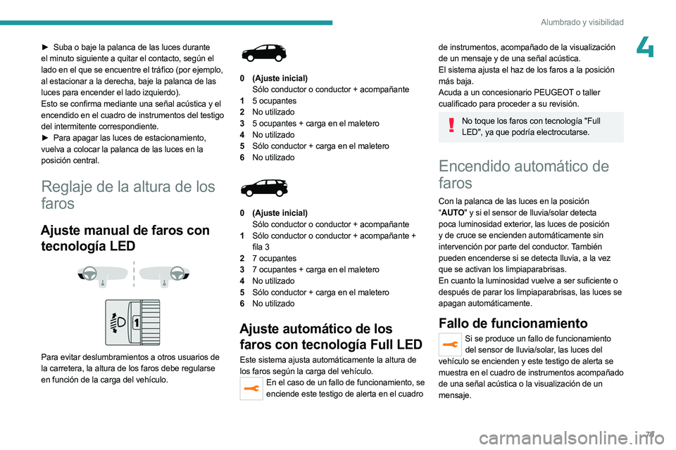 PEUGEOT 3008 2023 Manual del propietario (in Spanish) 79
Alumbrado y visibilidad
4► Suba o baje la palanca de las luces durante
el minuto siguiente a quitar el contacto, según el
lado en el que se encuentre el tráfico (por ejemplo,
al estacionar a PEUGEOT 3008 2023 Manual del propietario (in Spanish) 79
Alumbrado y visibilidad
4► Suba o baje la palanca de las luces durante
el minuto siguiente a quitar el contacto, según el
lado en el que se encuentre el tráfico (por ejemplo,
al estacionar a